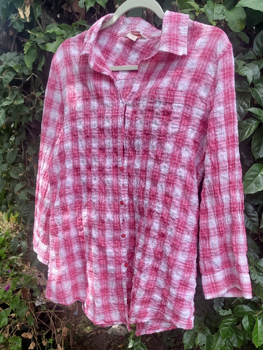 Sundance Pink and White Plaid Button-Up Tunic Shirt Adjustable Back SZ L